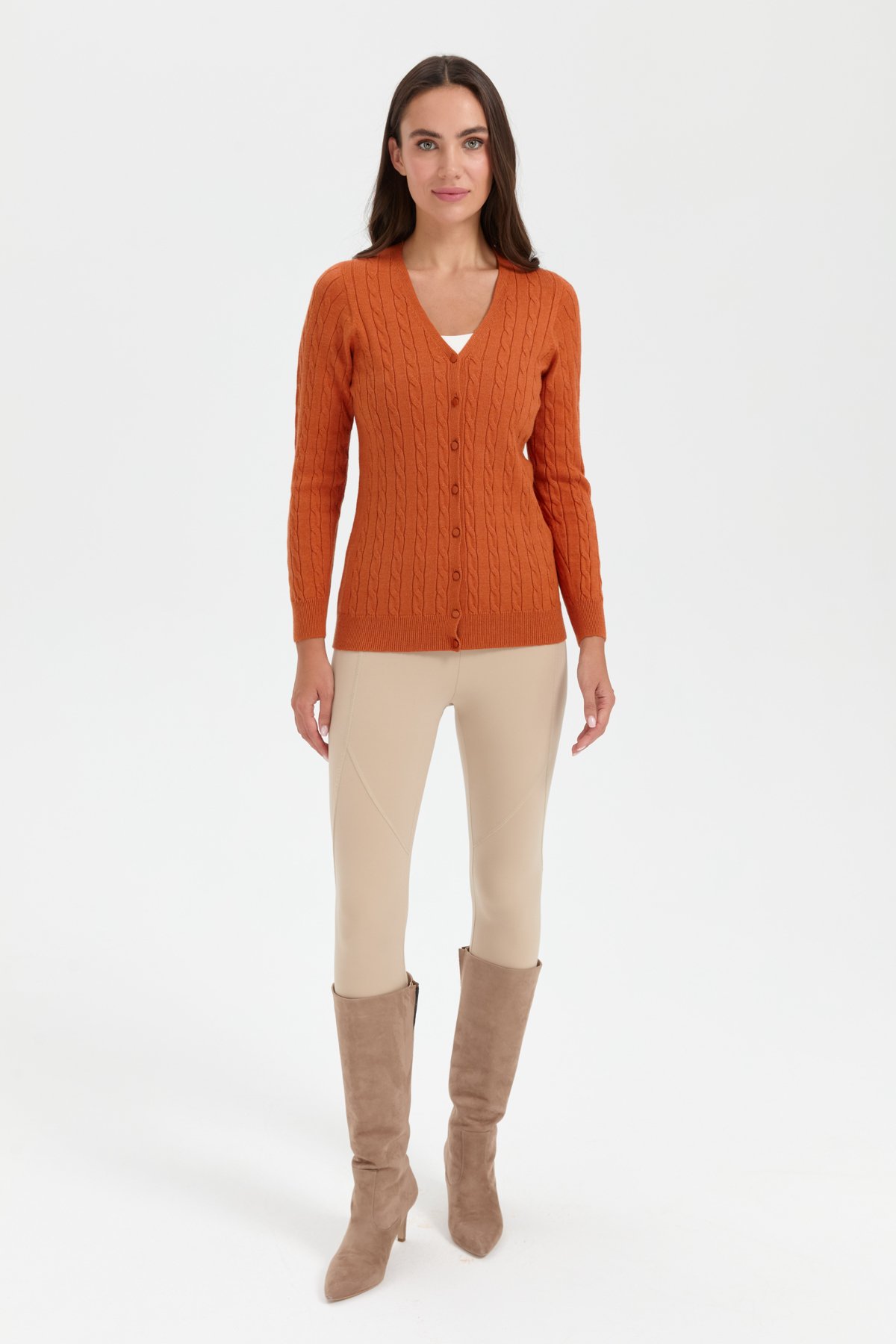 24327Kadın V Yaka Dikişsiz Saç Örgülü Hırka Turuncu