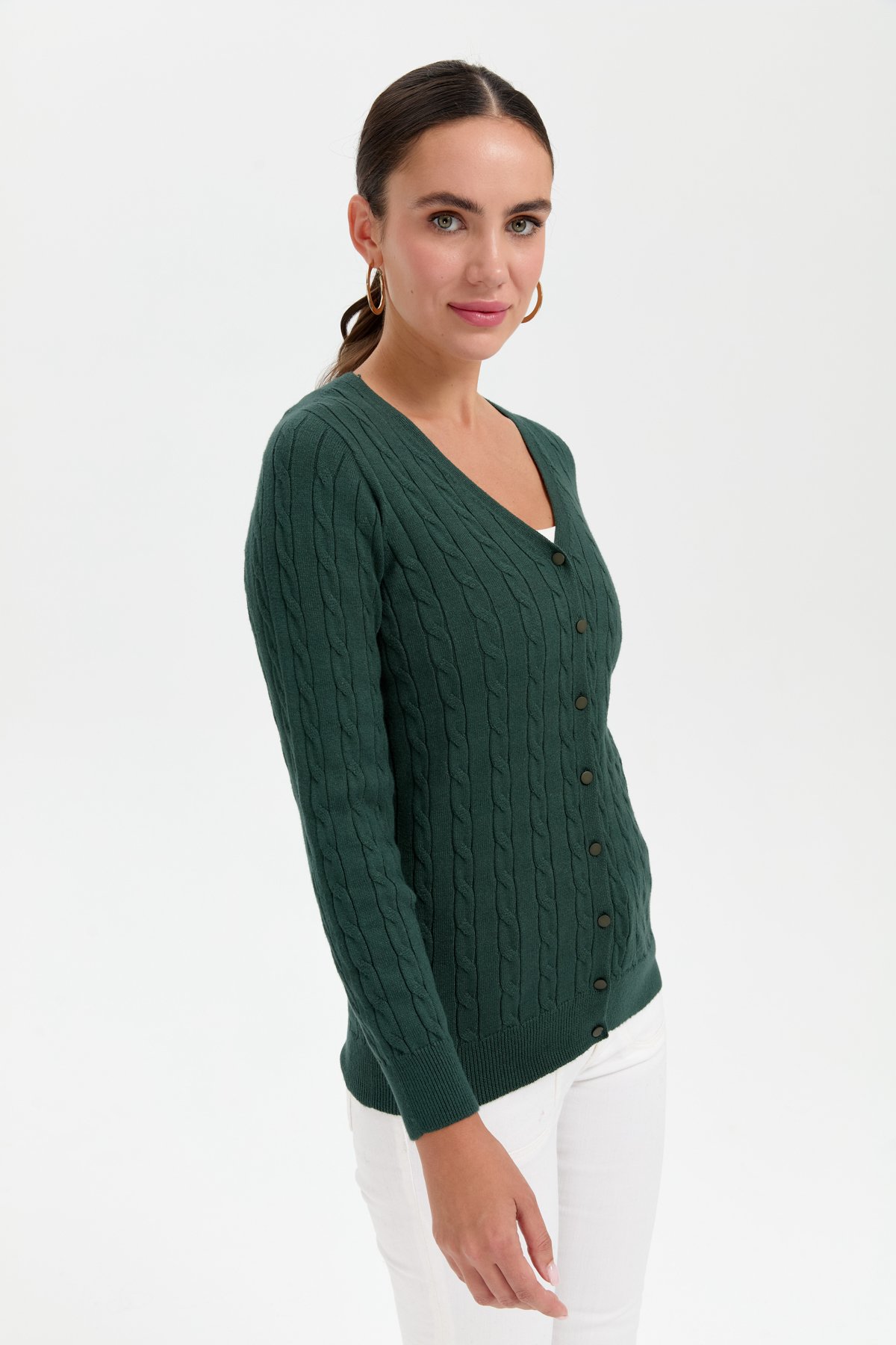 24327Kadın V Yaka Dikişsiz Saç Örgülü Hırka Yeşil
