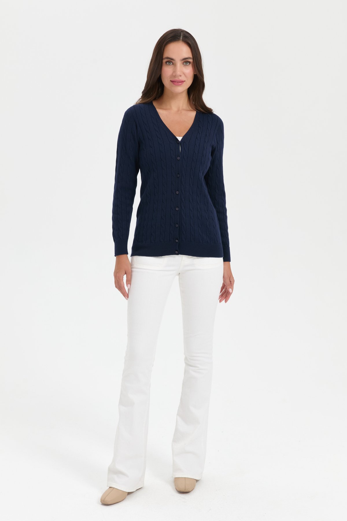 24327Kadın V Yaka Dikişsiz Saç Örgülü Hırka K.Lacivert