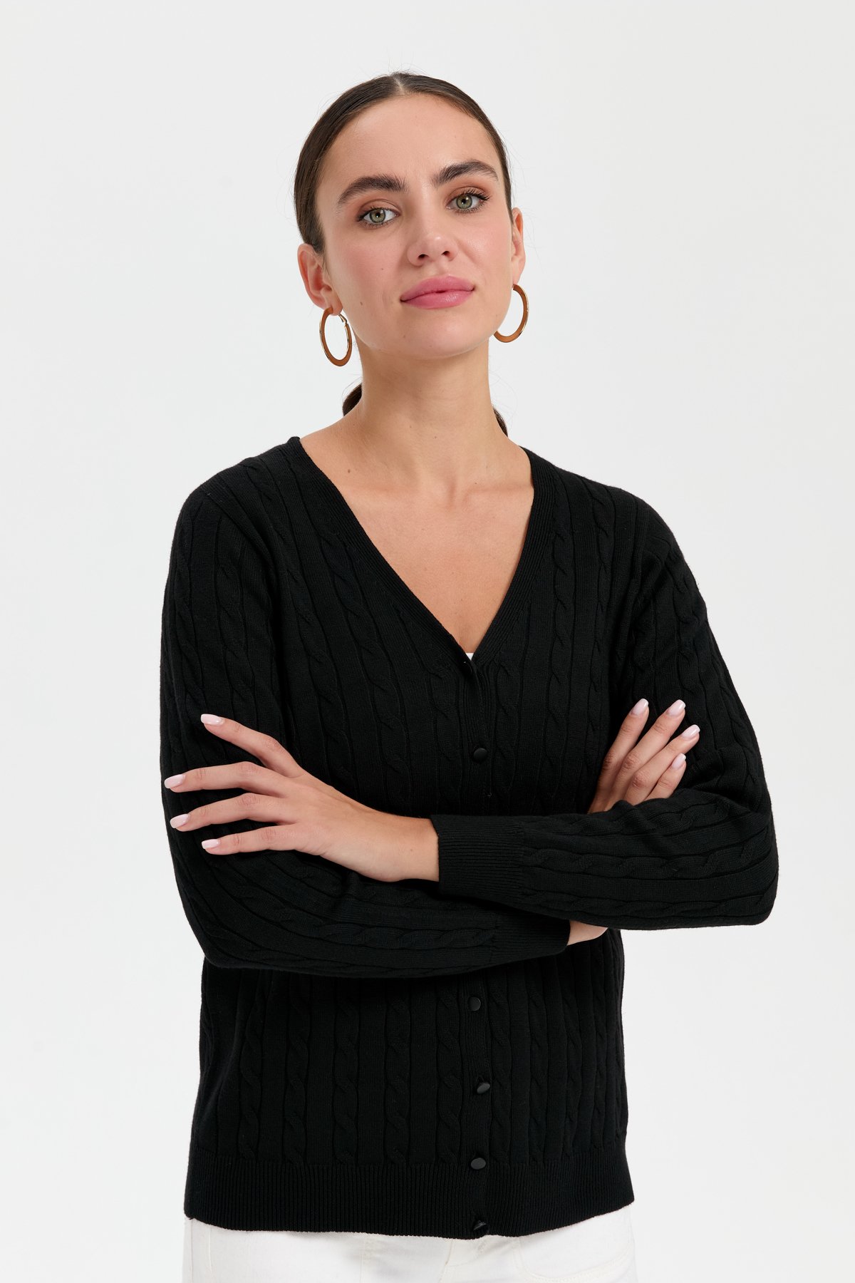24327Kadın V Yaka Dikişsiz Saç Örgülü Hırka Siyah