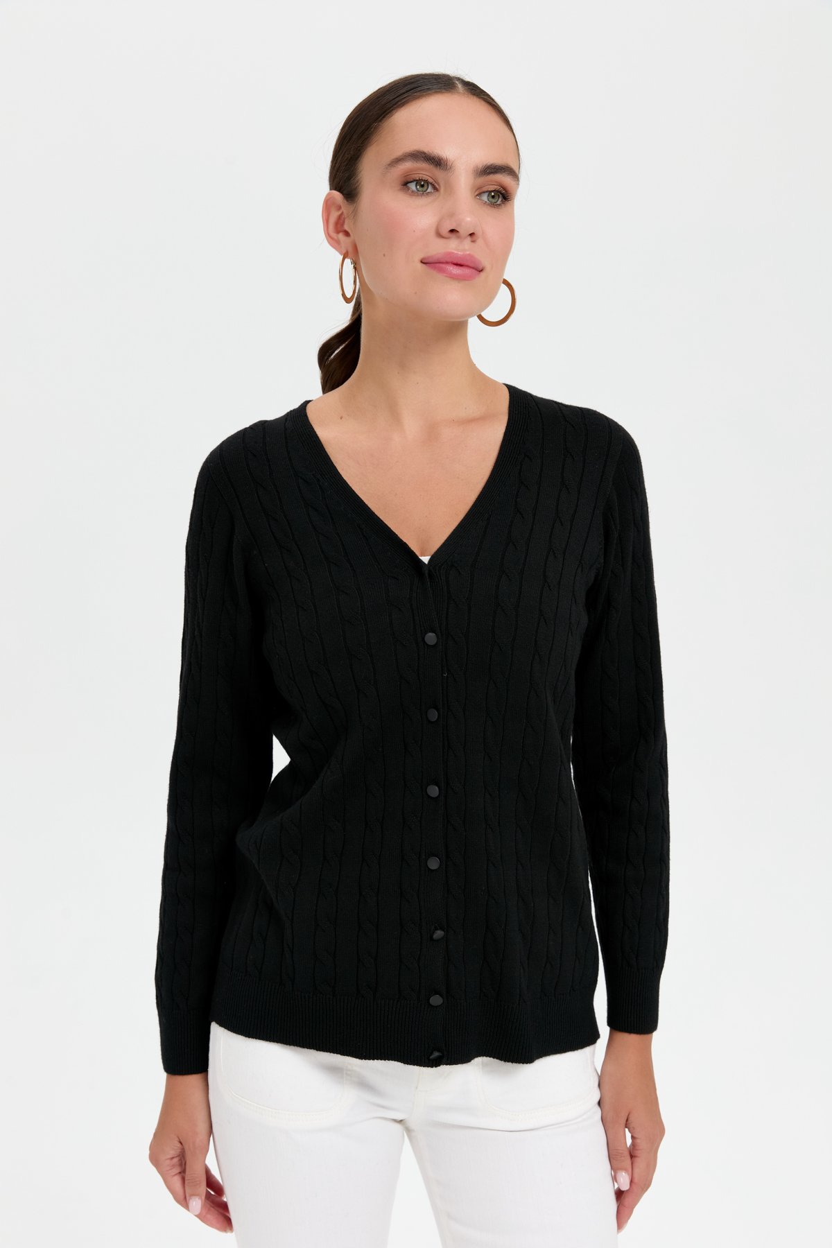 24327Kadın V Yaka Dikişsiz Saç Örgülü Hırka Siyah