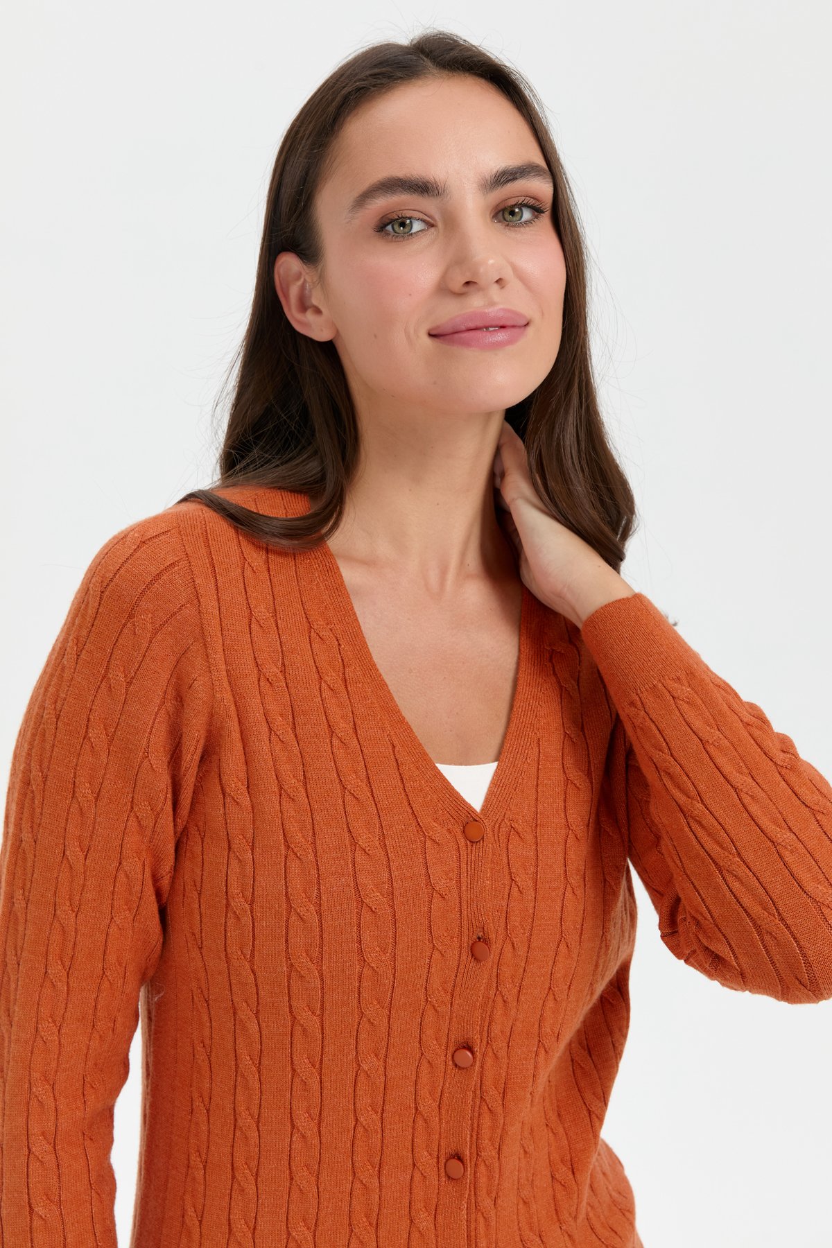 24327Kadın V Yaka Dikişsiz Saç Örgülü Hırka Turuncu
