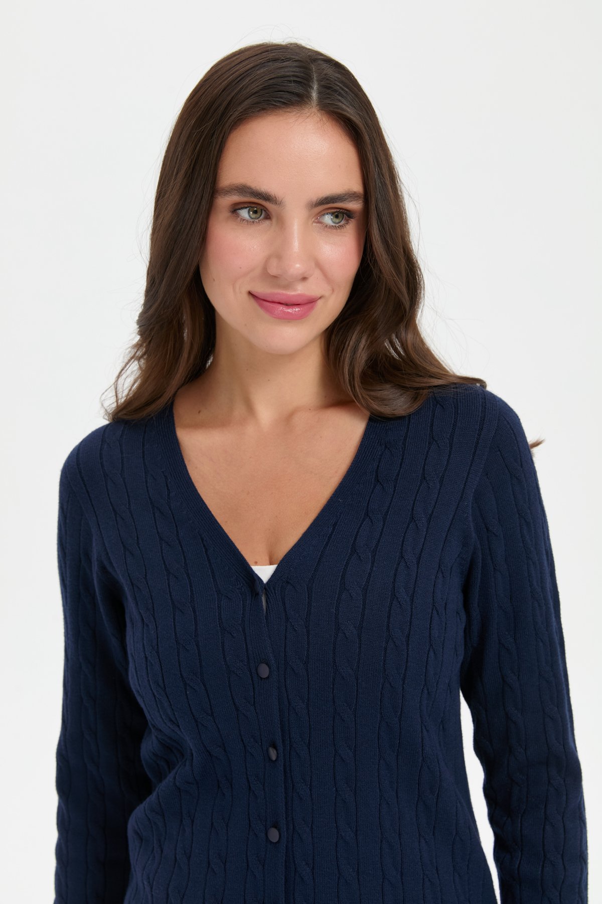 24327Kadın V Yaka Dikişsiz Saç Örgülü Hırka K.Lacivert