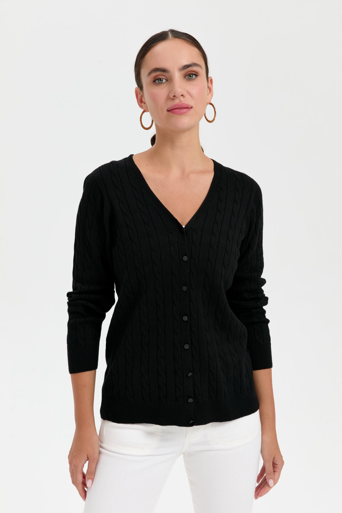 24327Kadın V Yaka Dikişsiz Saç Örgülü Hırka Siyah