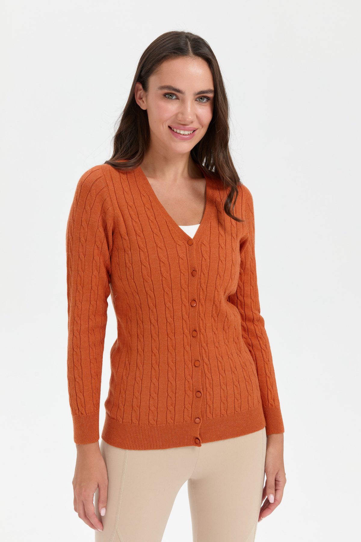 24327Kadın V Yaka Dikişsiz Saç Örgülü Hırka Turuncu