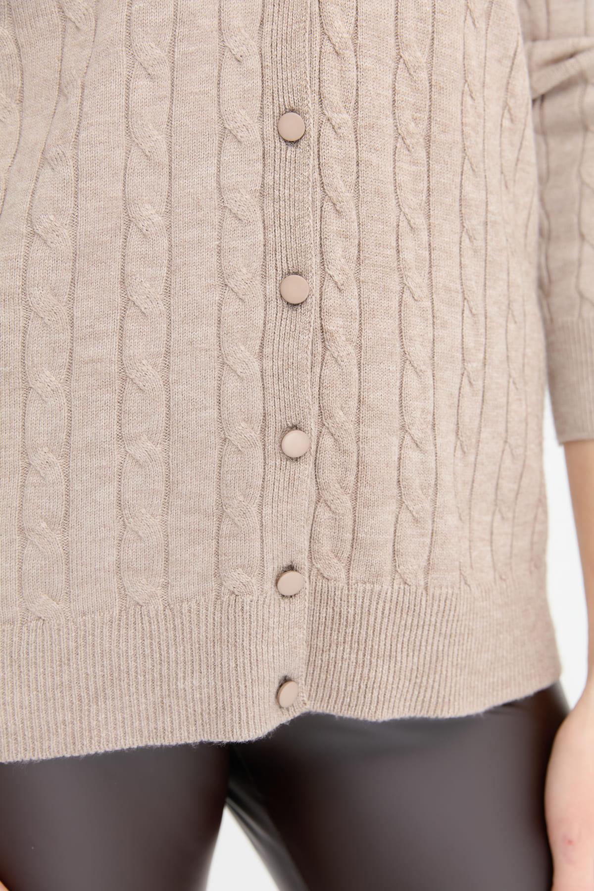 24327Kadın V Yaka Dikişsiz Saç Örgülü Hırka Vizon