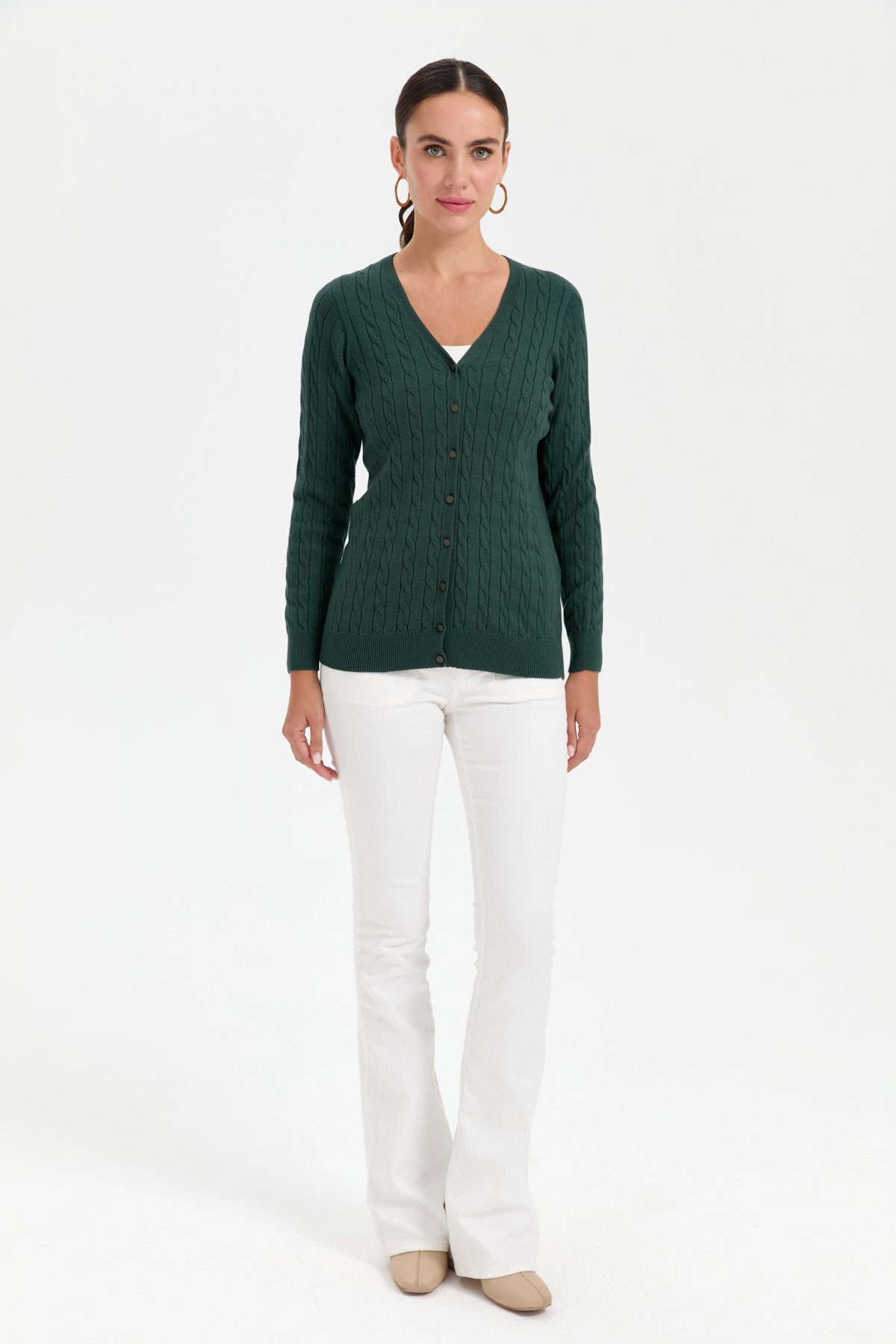 24327Kadın V Yaka Dikişsiz Saç Örgülü Hırka Yeşil