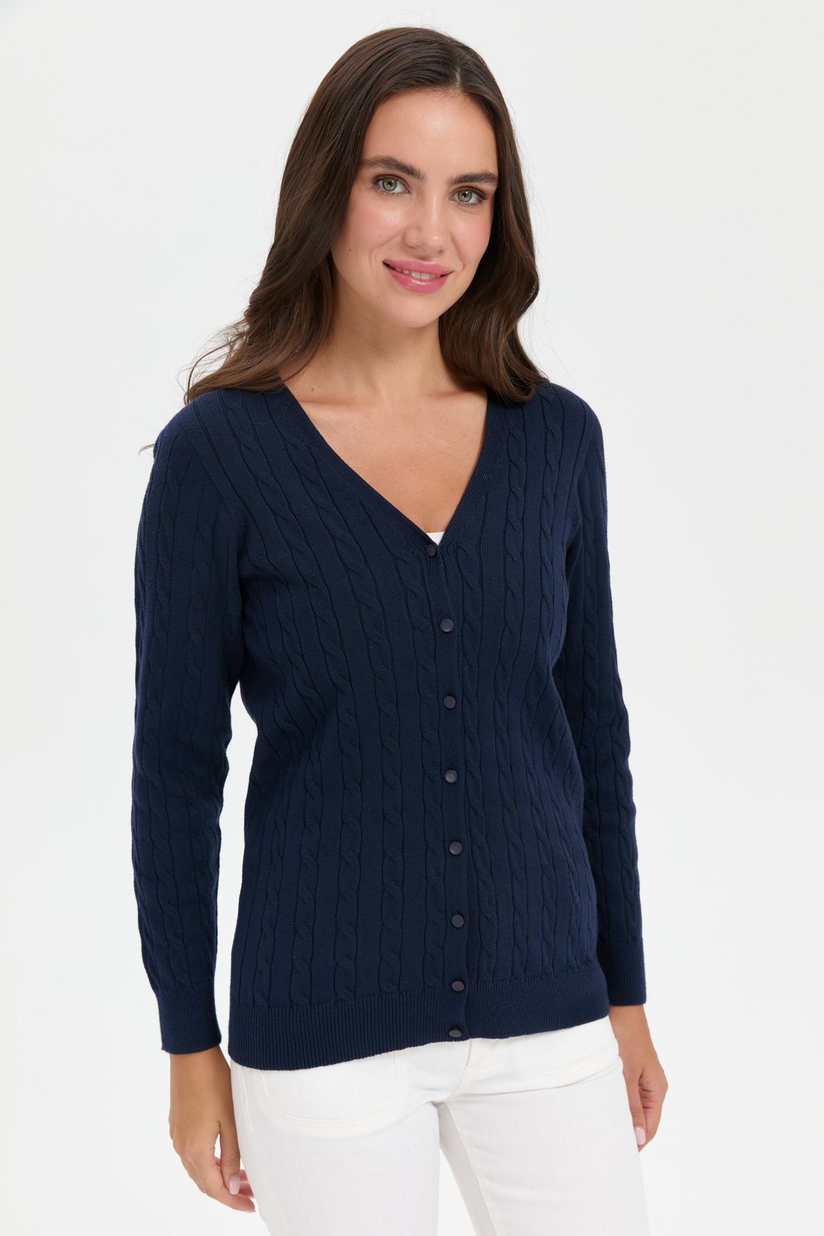 24327Kadın V Yaka Dikişsiz Saç Örgülü Hırka K.Lacivert