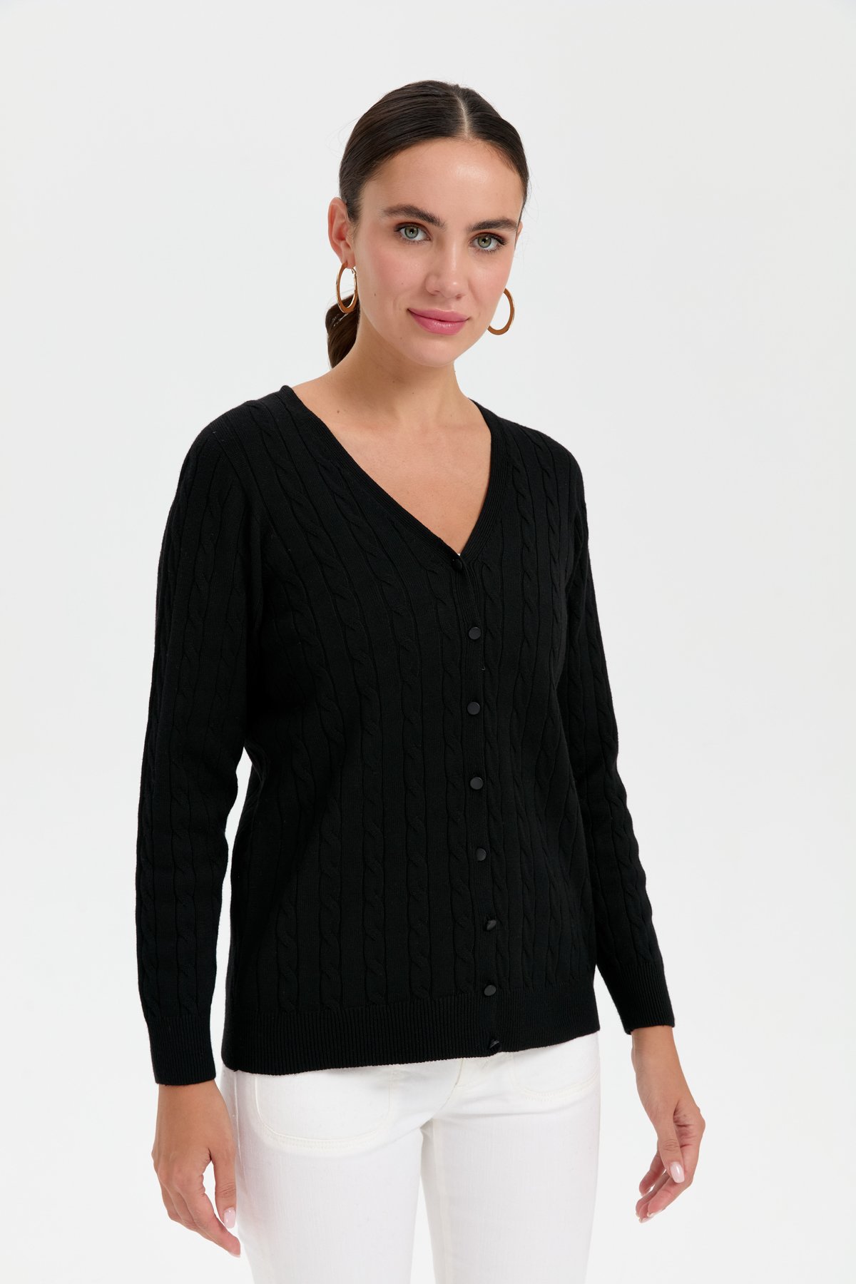 24327Kadın V Yaka Dikişsiz Saç Örgülü Hırka Siyah