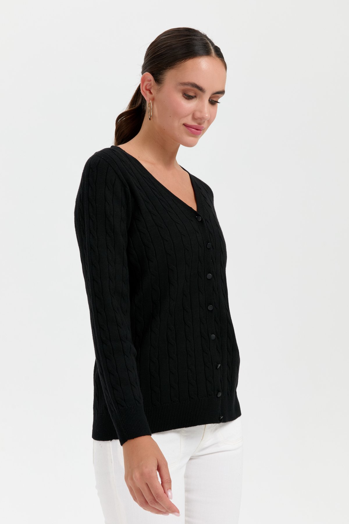 24327Kadın V Yaka Dikişsiz Saç Örgülü Hırka Siyah