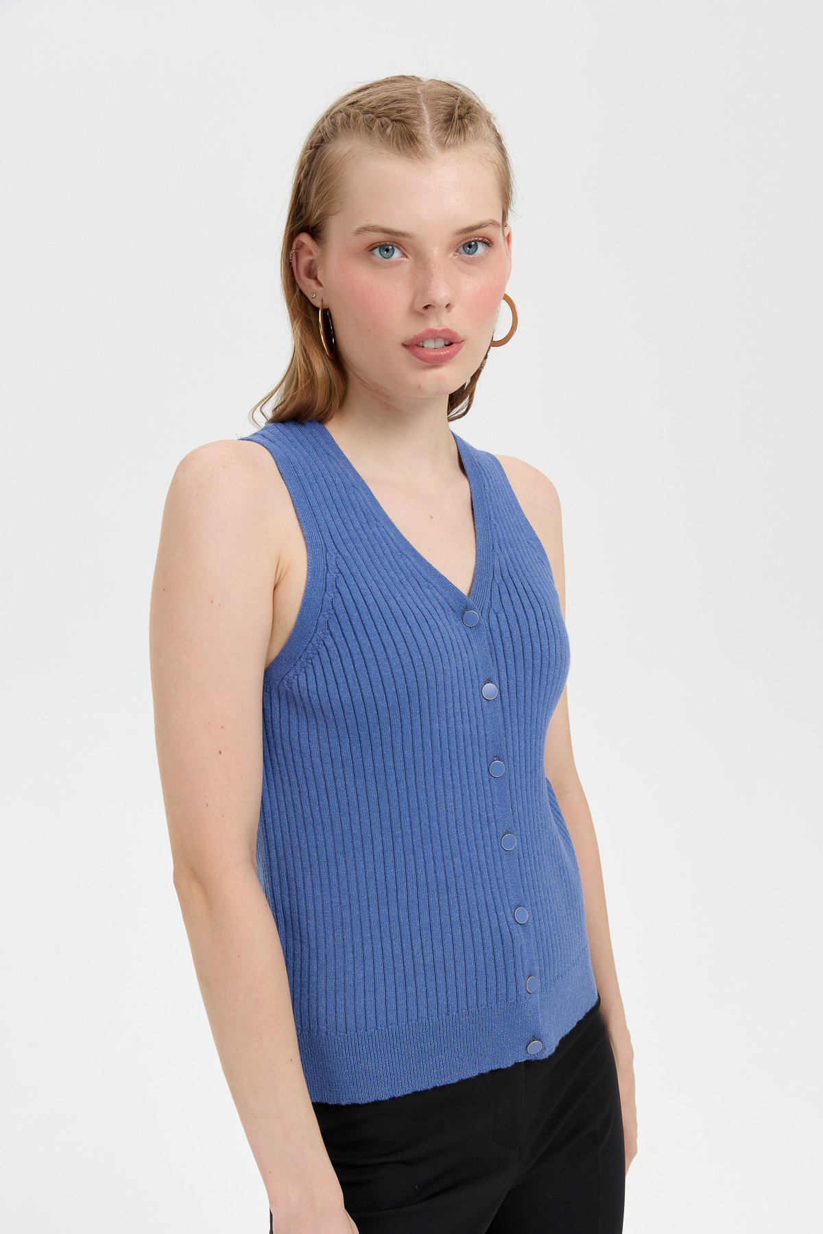 24180Kadın V Yaka Dikişsiz Yelek İndigo