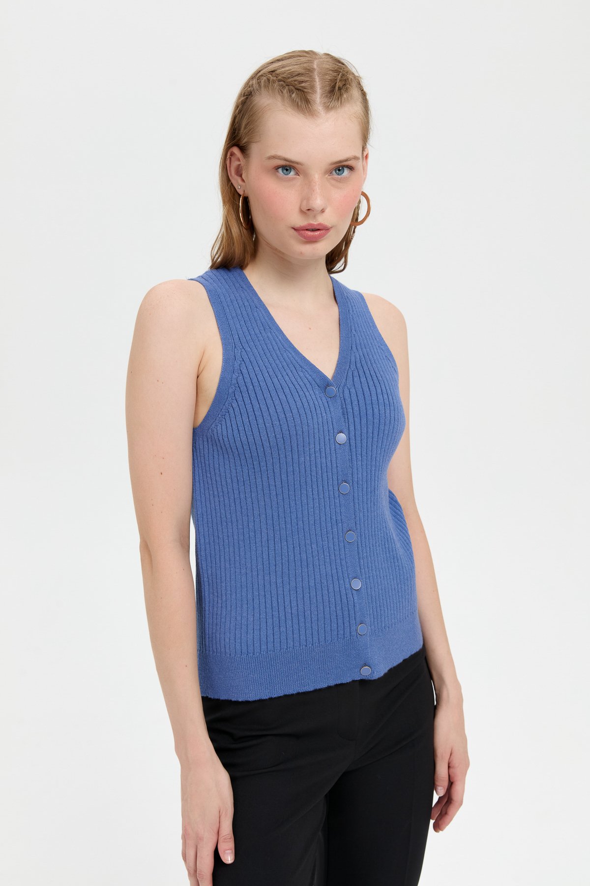 24180Kadın V Yaka Dikişsiz Yelek İndigo