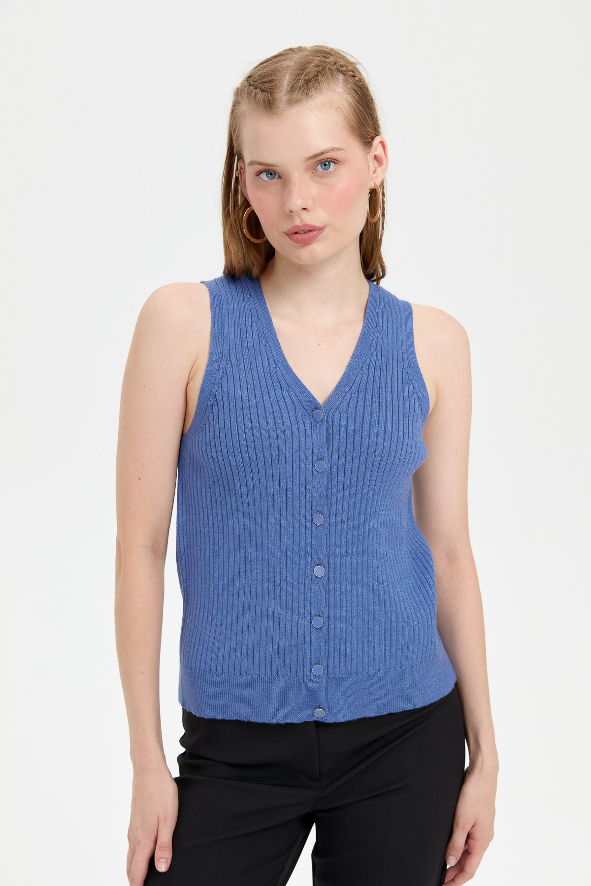 24180Kadın V Yaka Dikişsiz Yelek İndigo