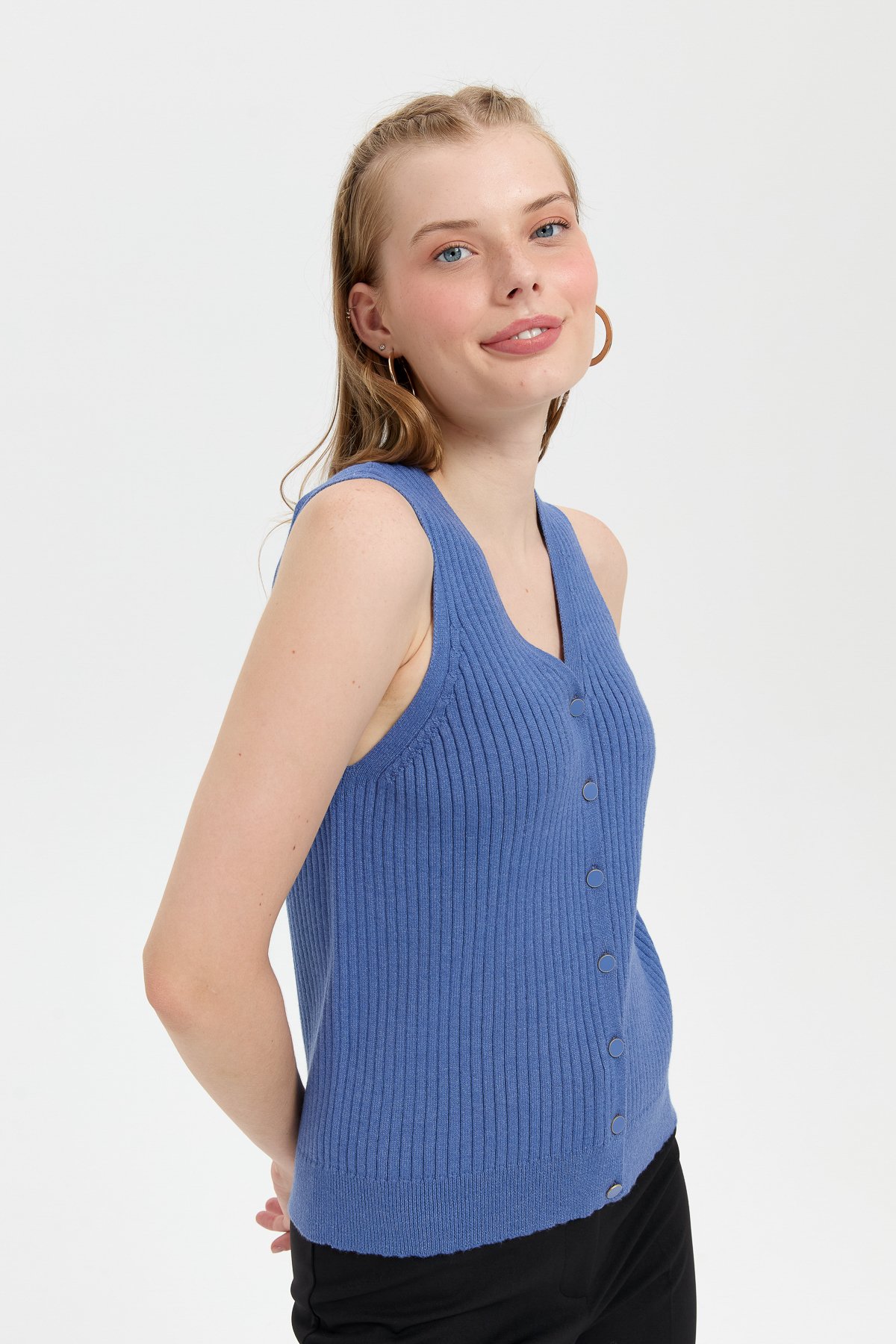 24180Kadın V Yaka Dikişsiz Yelek İndigo