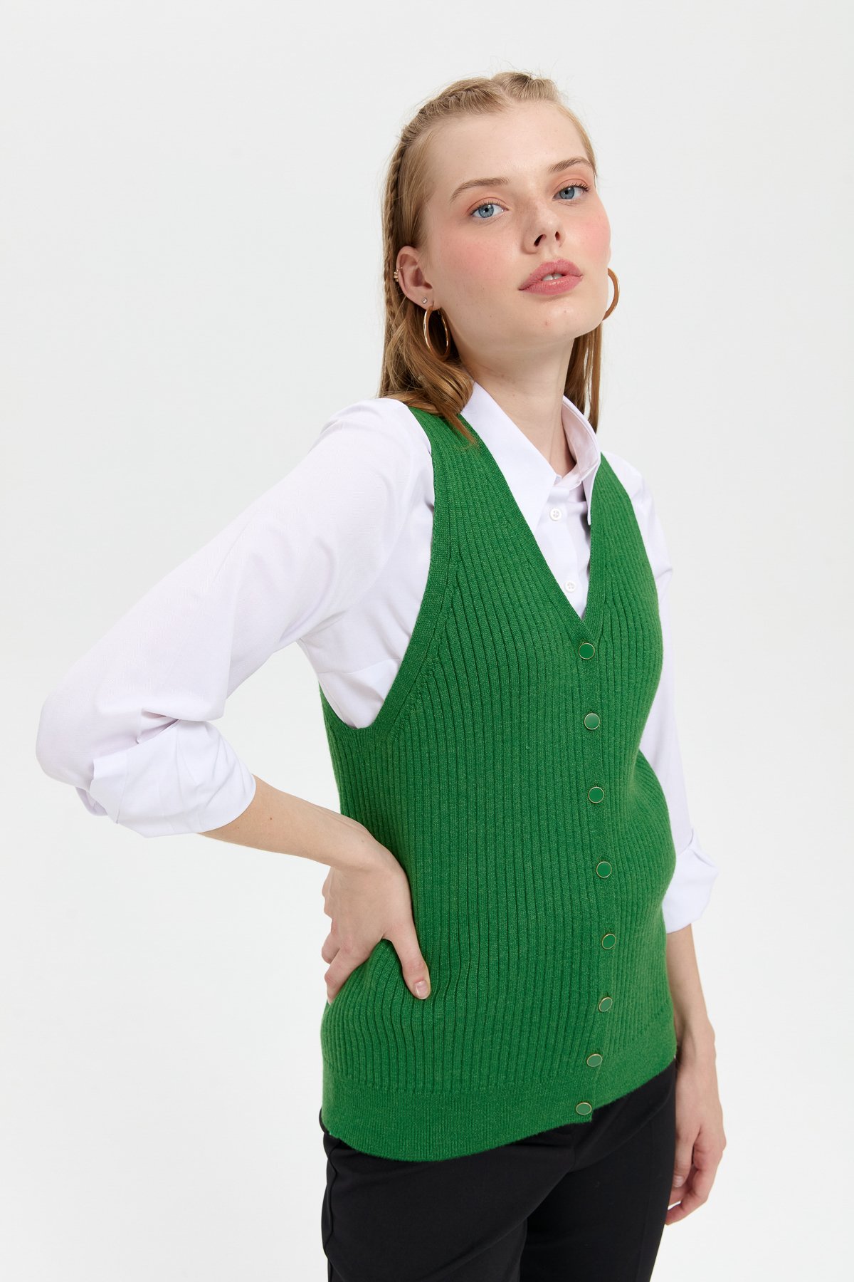 24180Kadın V Yaka Dikişsiz Yelek K.Yosun