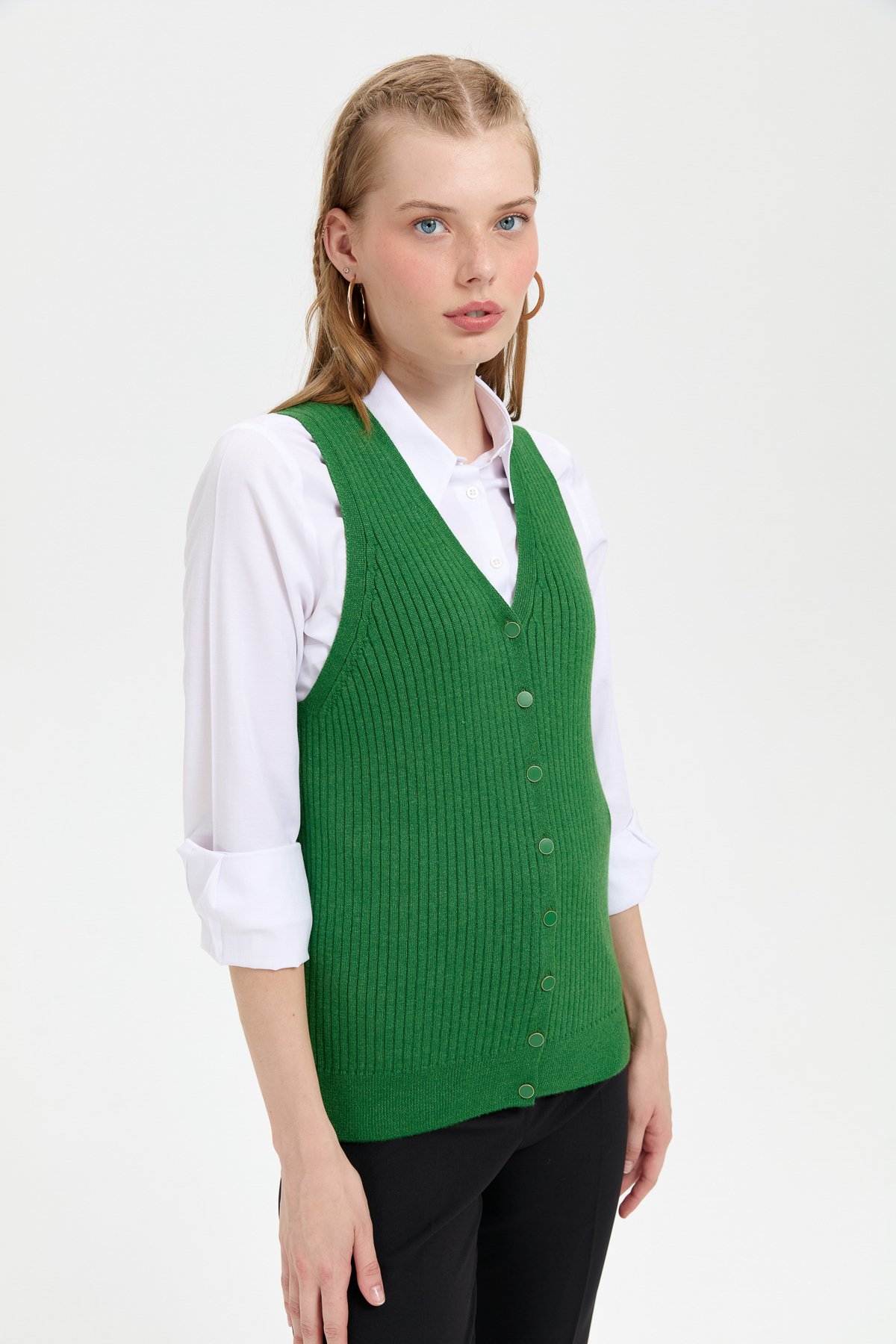 24180Kadın V Yaka Dikişsiz Yelek K.Yosun