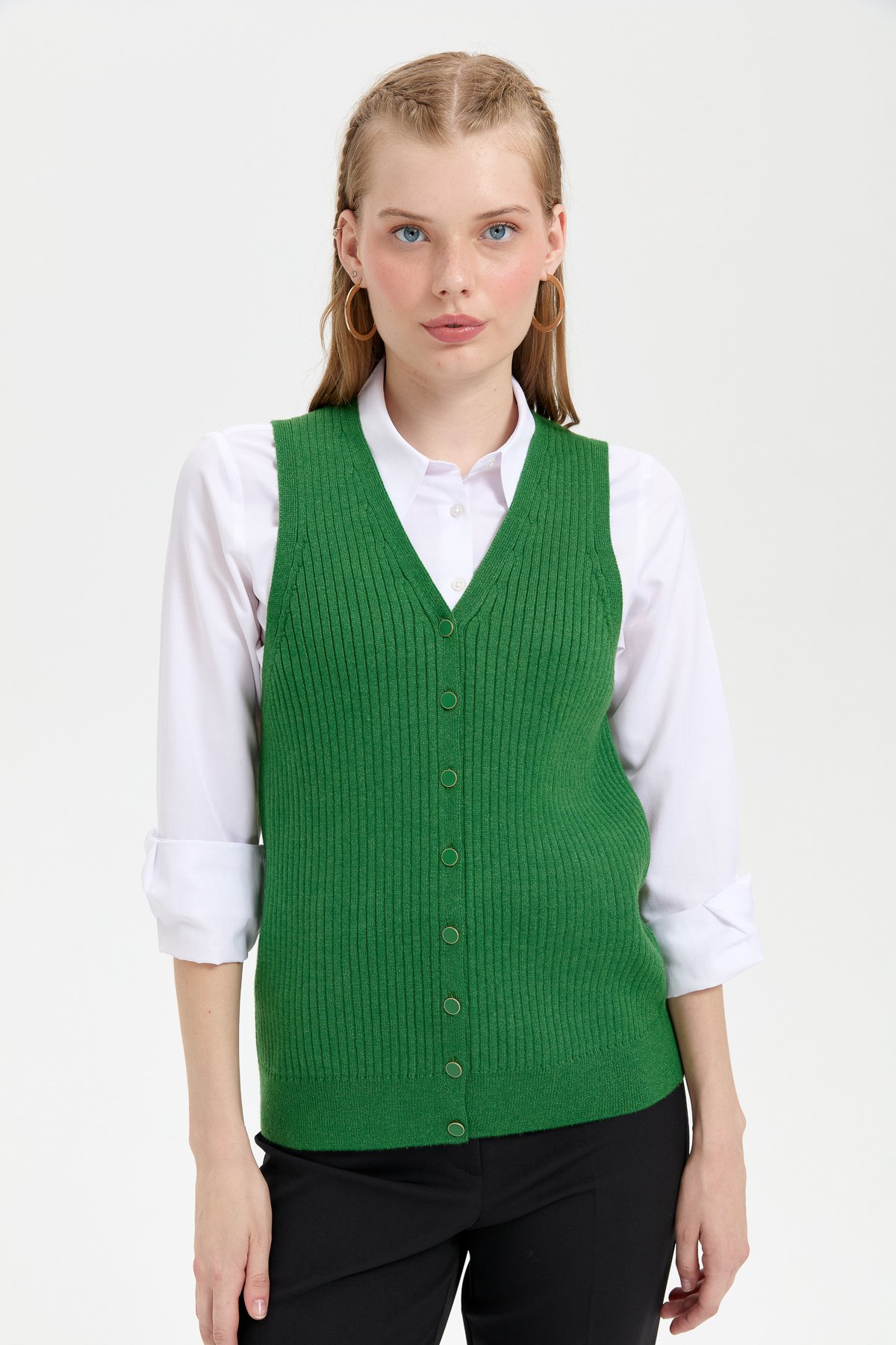 24180Kadın V Yaka Dikişsiz Yelek K.Yosun