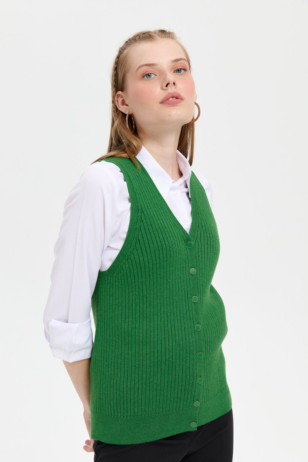 24180Kadın V Yaka Dikişsiz Yelek K.Yosun