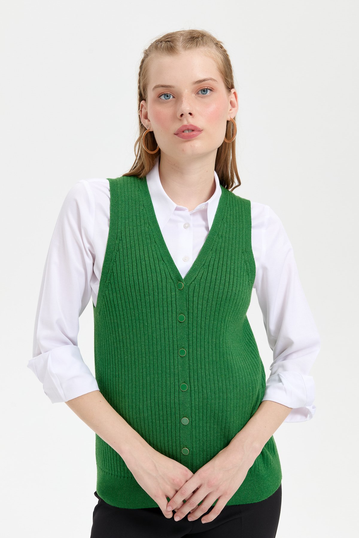 24180Kadın V Yaka Dikişsiz Yelek K.Yosun