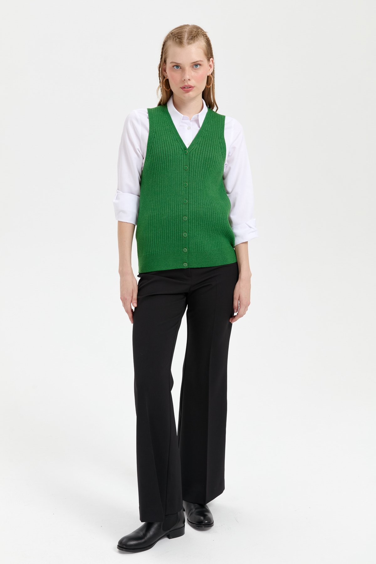 24180Kadın V Yaka Dikişsiz Yelek K.Yosun