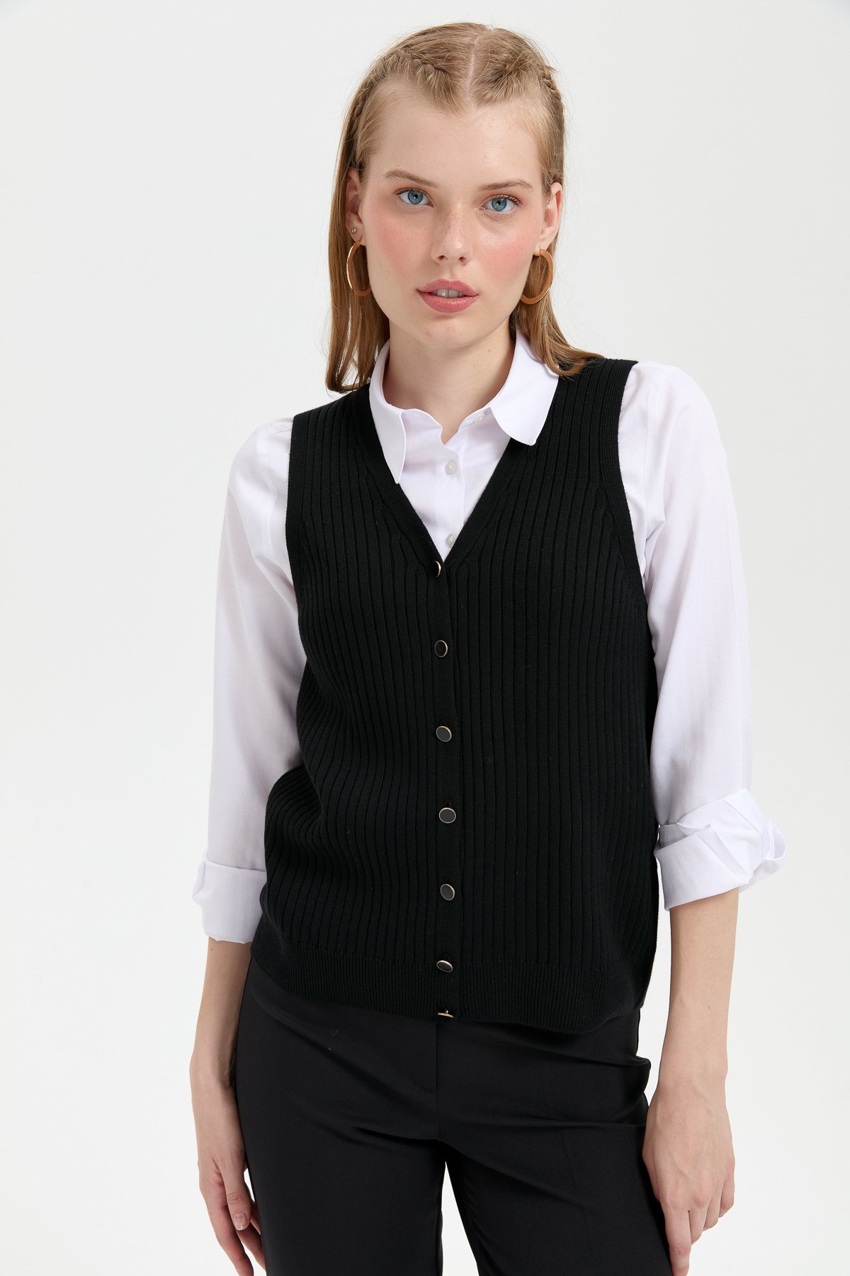 24180Kadın V Yaka Dikişsiz Yelek Siyah