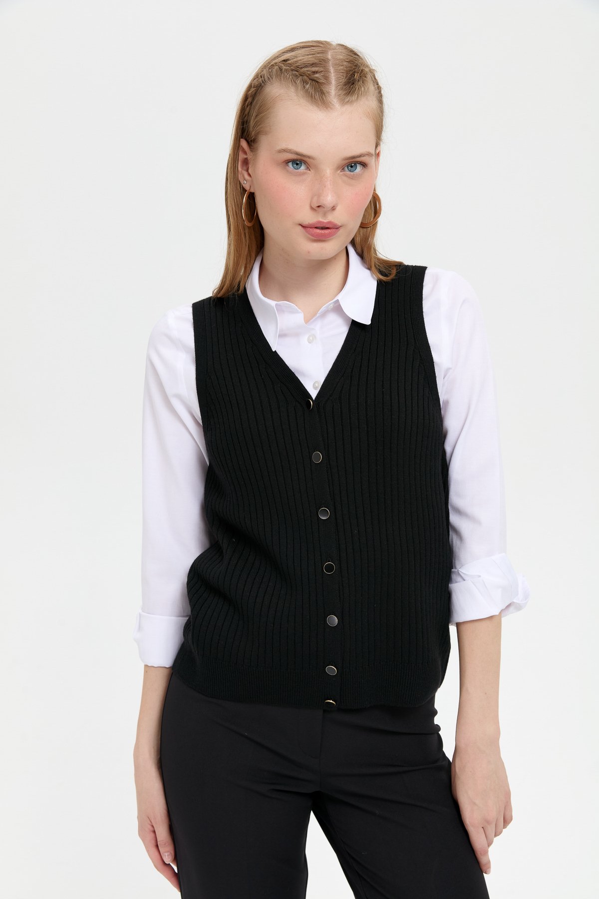 24180Kadın V Yaka Dikişsiz Yelek Siyah
