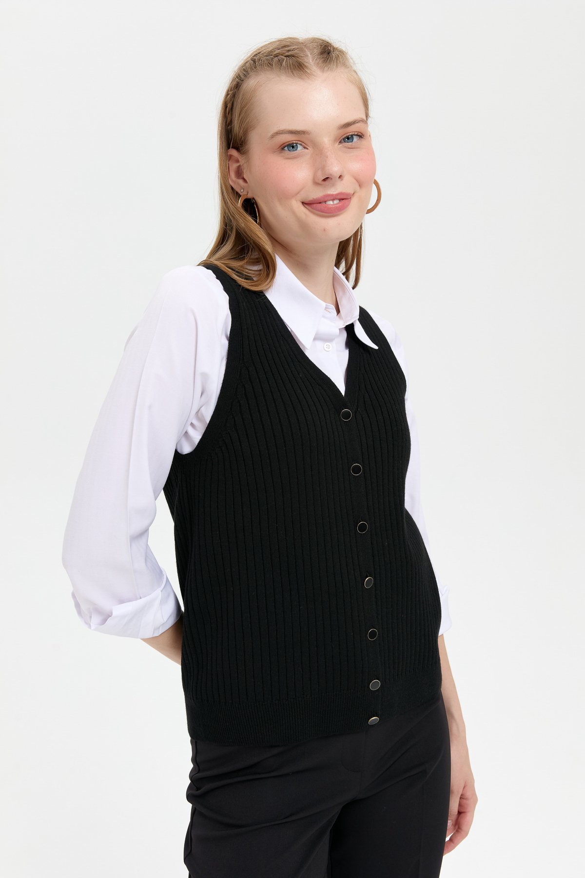 24180Kadın V Yaka Dikişsiz Yelek Siyah