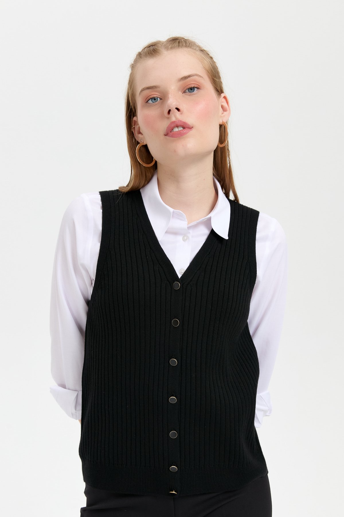 24180Kadın V Yaka Dikişsiz Yelek Siyah