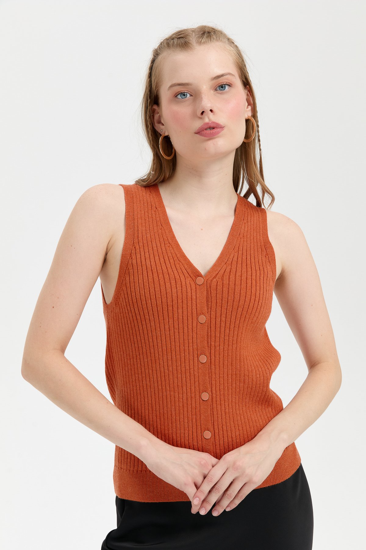 24180Kadın V Yaka Dikişsiz Yelek Turuncu