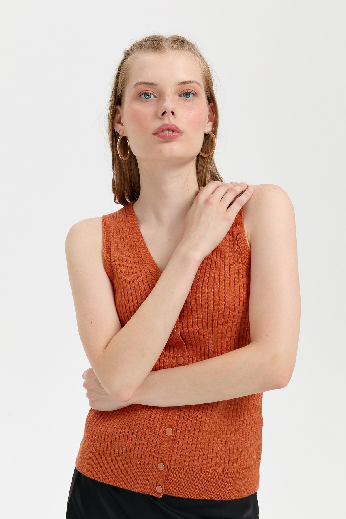 24180Kadın V Yaka Dikişsiz Yelek Turuncu
