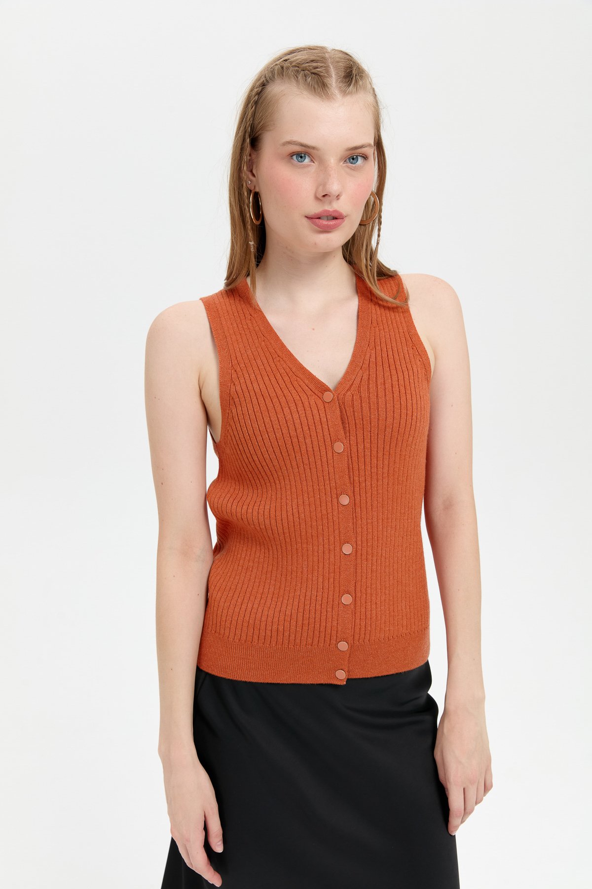 24180Kadın V Yaka Dikişsiz Yelek Turuncu