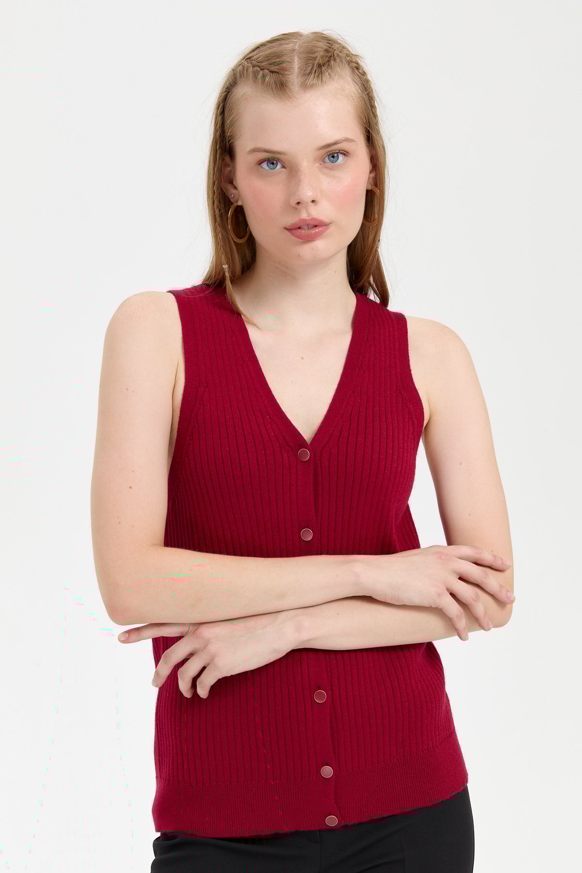 24180Kadın V Yaka Dikişsiz Yelek Vişne