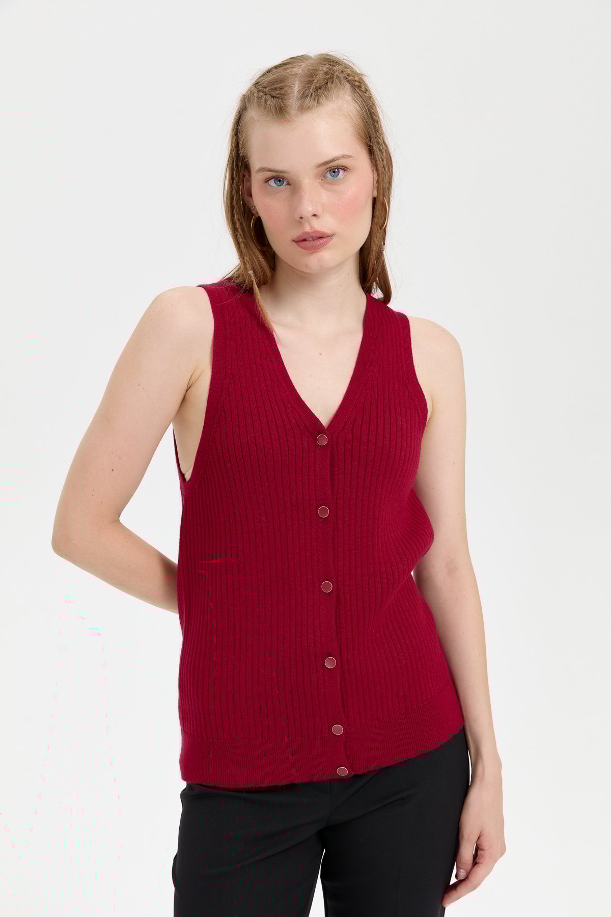 24180Kadın V Yaka Dikişsiz Yelek Vişne