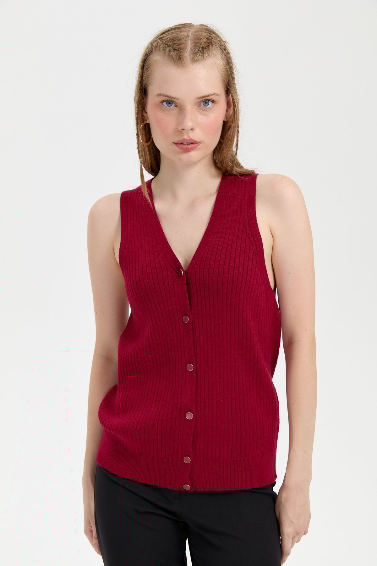 24180Kadın V Yaka Dikişsiz Yelek Vişne