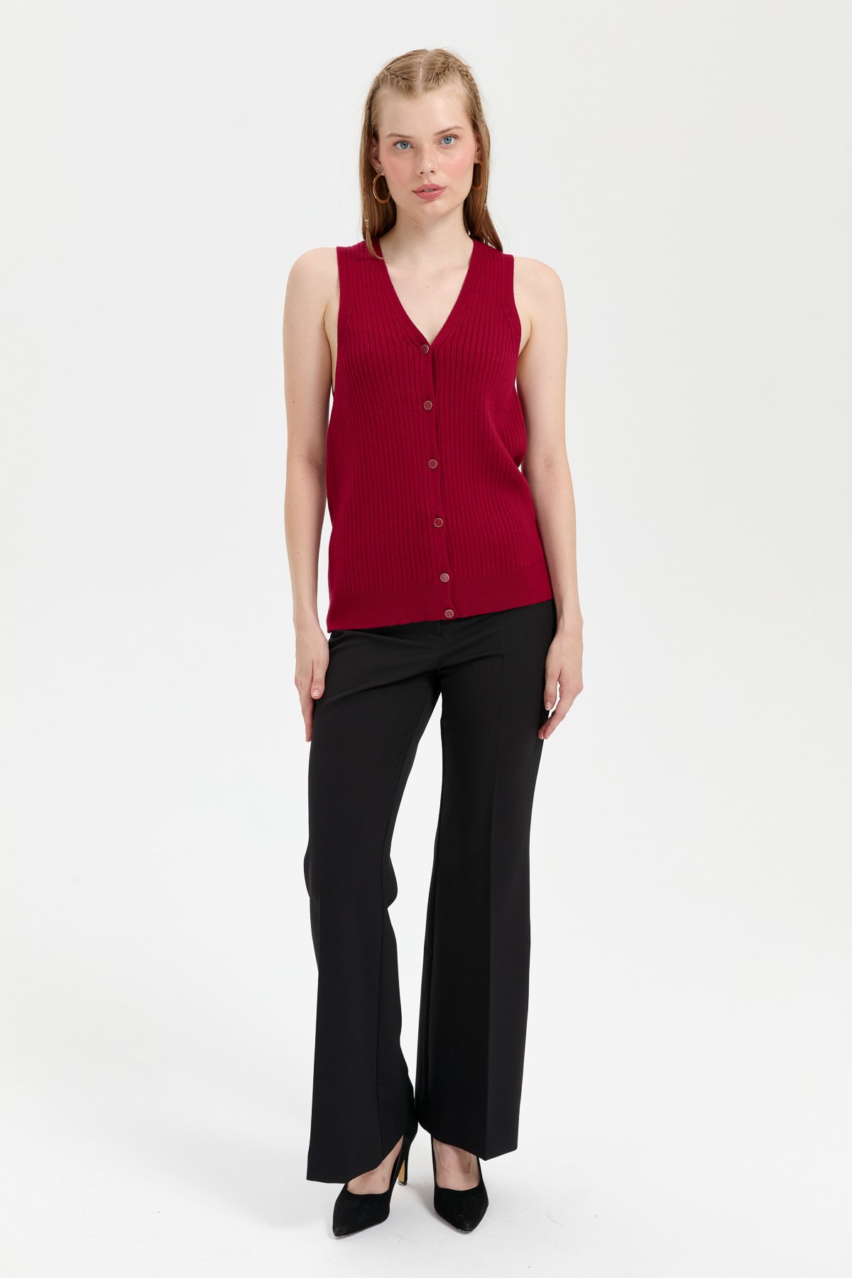 24180Kadın V Yaka Dikişsiz Yelek Vişne