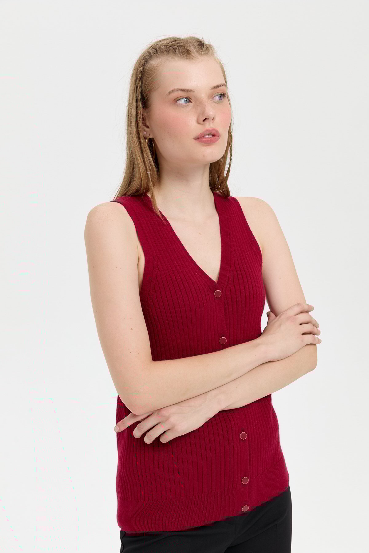 24180Kadın V Yaka Dikişsiz Yelek Vişne