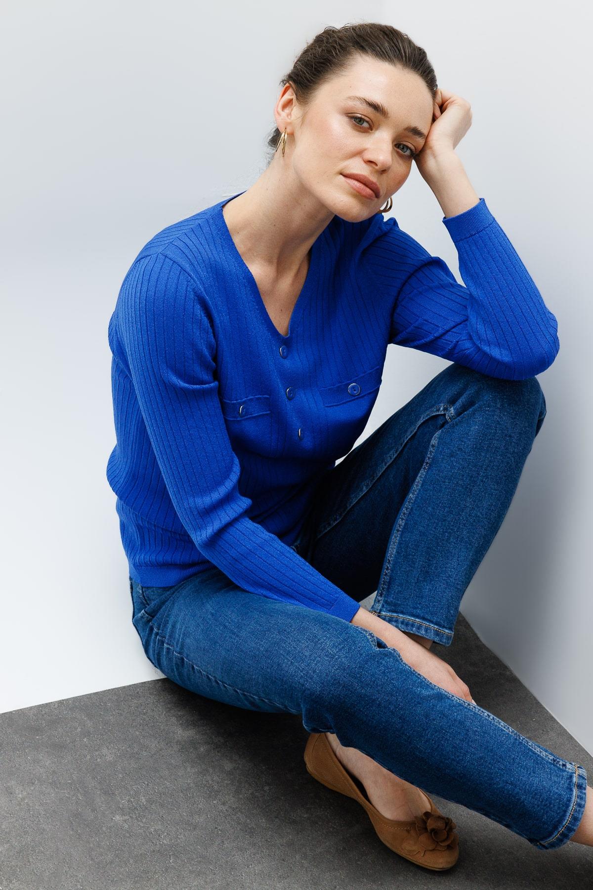 25353Kadın V Yaka Fitilli Bluz Saks