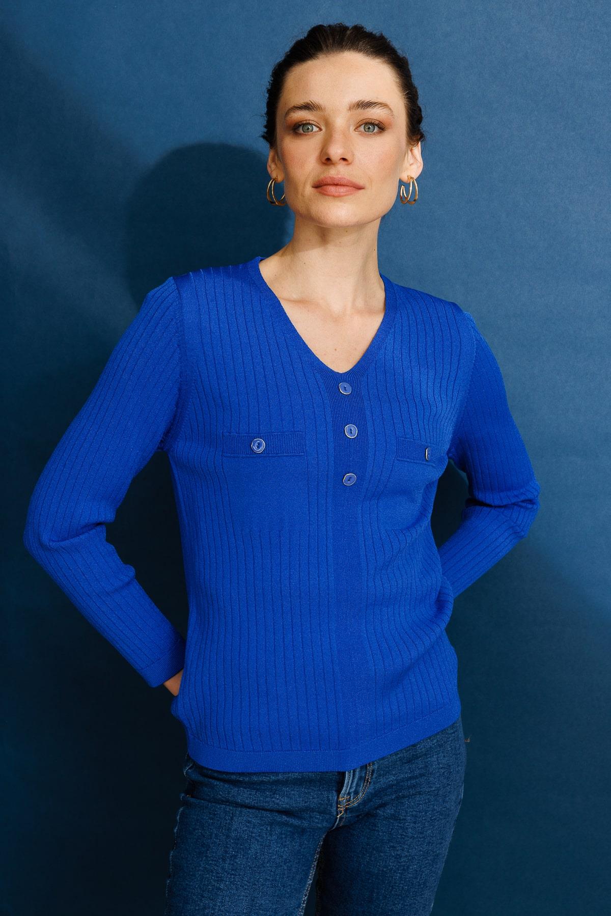 25353Kadın V Yaka Fitilli Bluz Saks