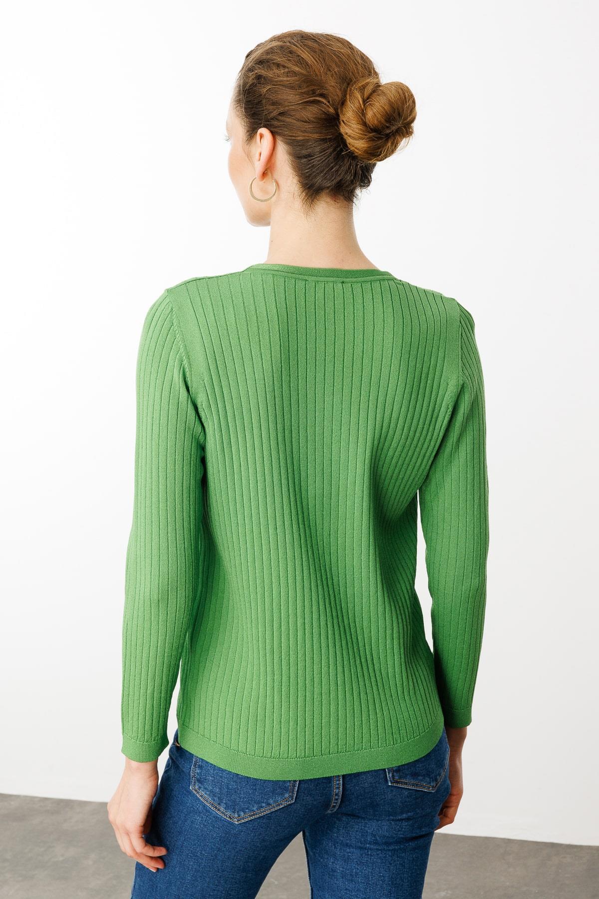 25353Kadın V Yaka Fitilli Bluz Yosun