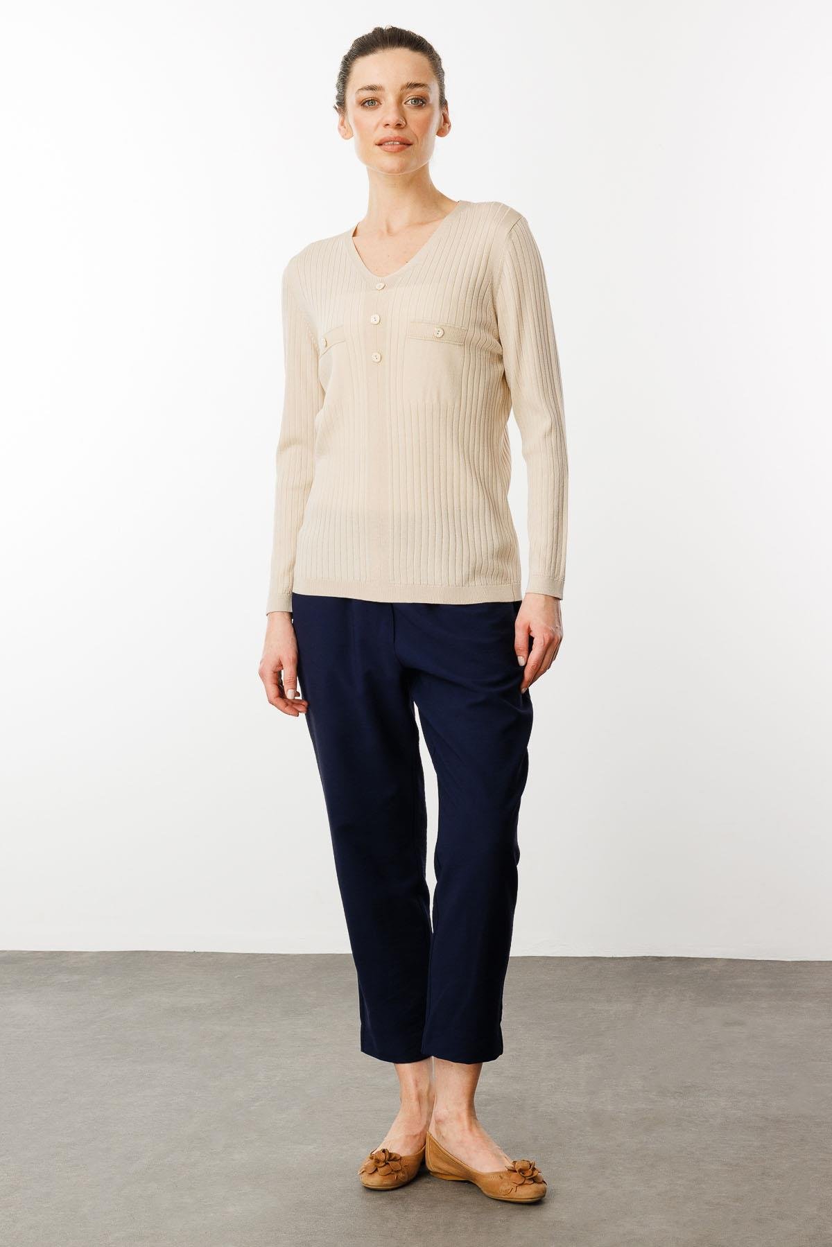 25353Kadın V Yaka Fitilli Triko Bluz Bej