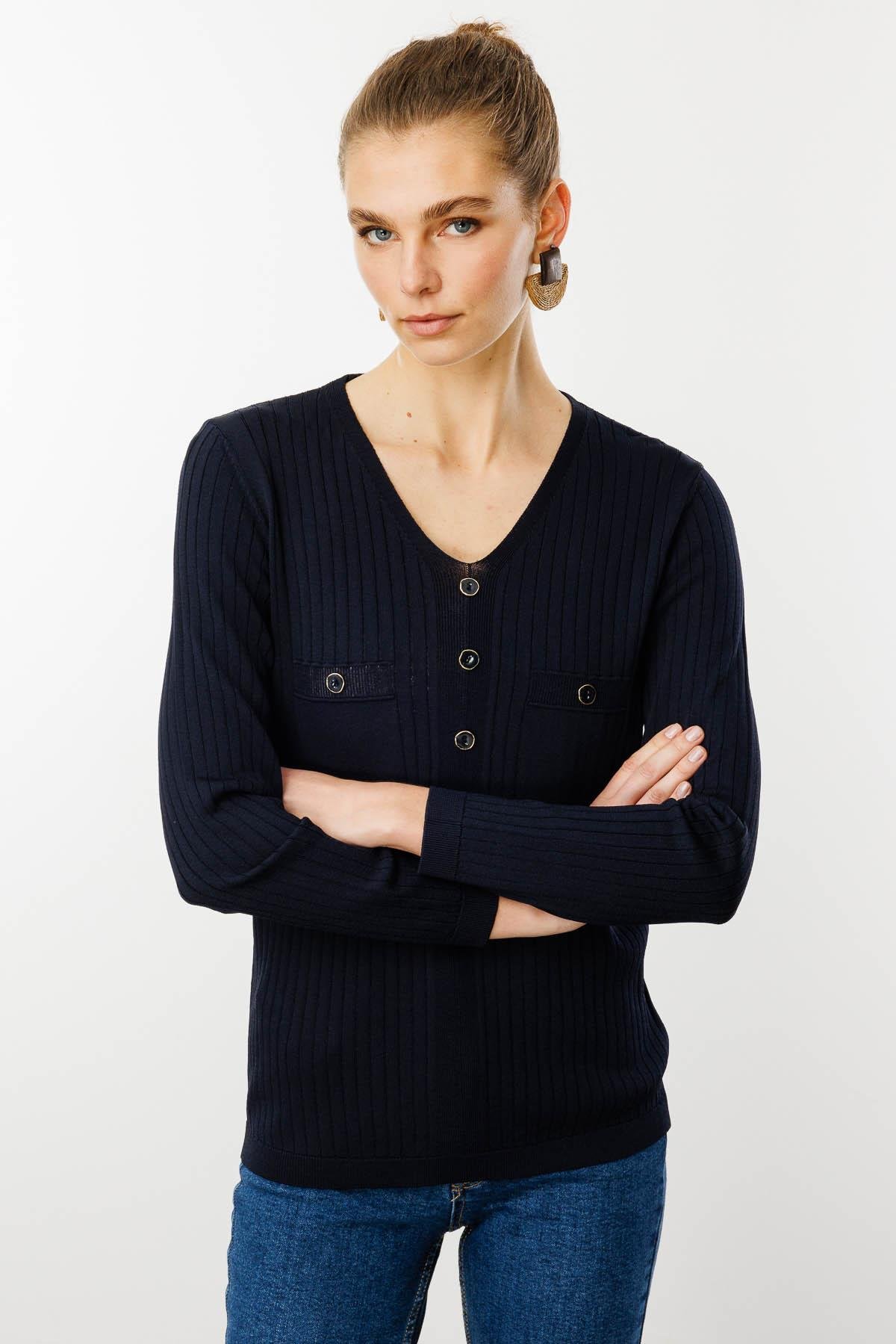 25353Kadın V Yaka Fitilli Triko Bluz Lacivert