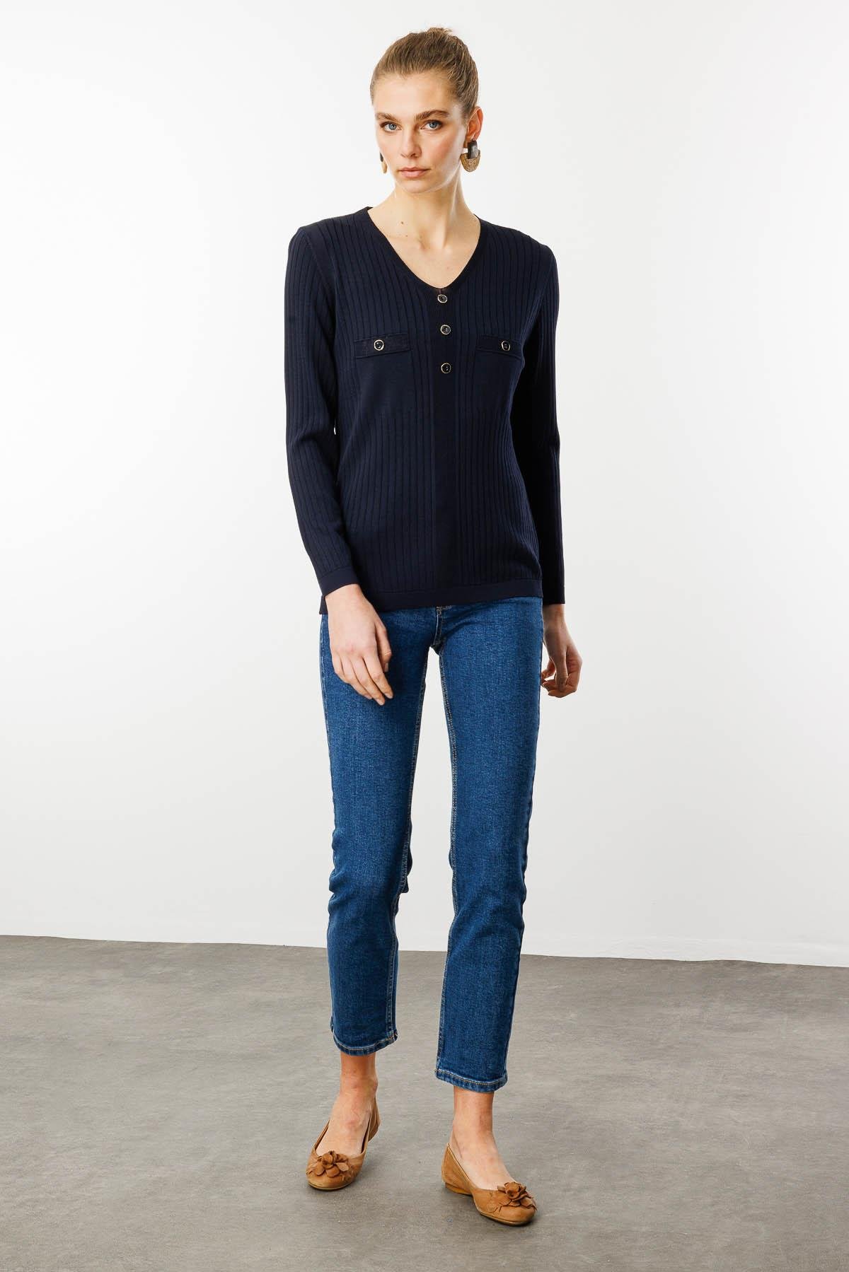 25353Kadın V Yaka Fitilli Triko Bluz Lacivert