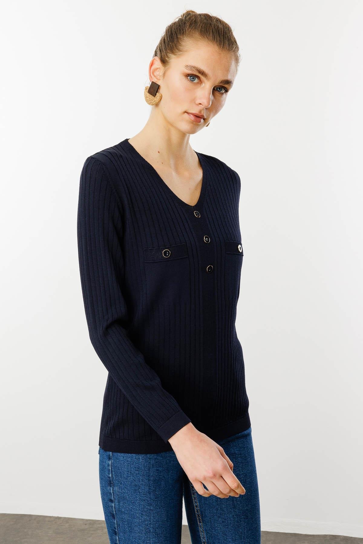 25353Kadın V Yaka Fitilli Triko Bluz Lacivert