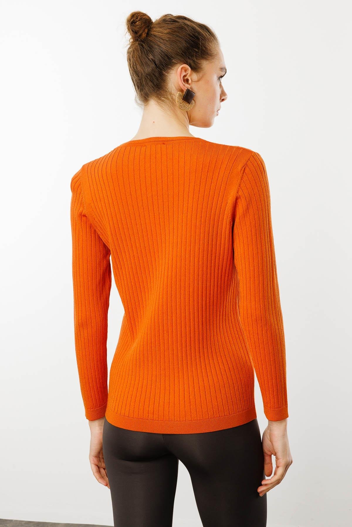 25353Kadın V Yaka Fitilli Bluz Oranj