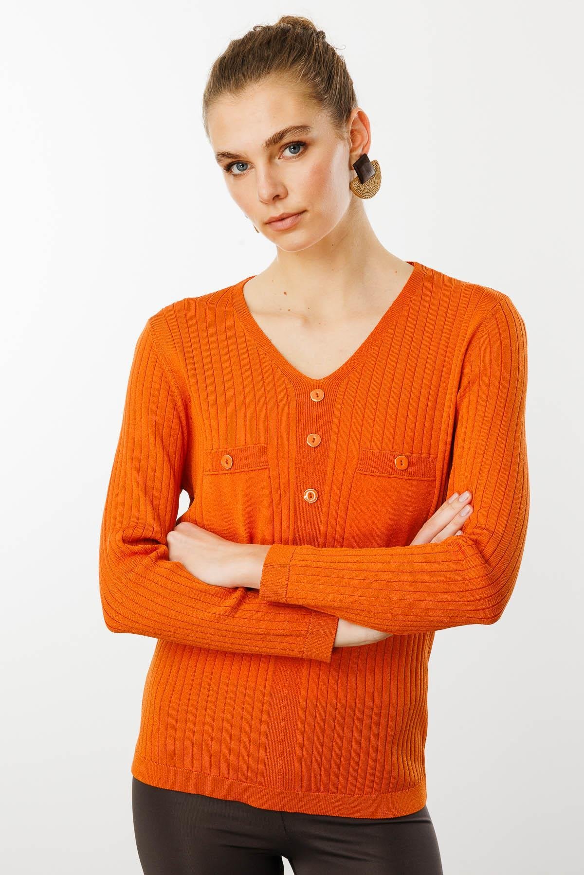 25353Kadın V Yaka Fitilli Bluz Oranj