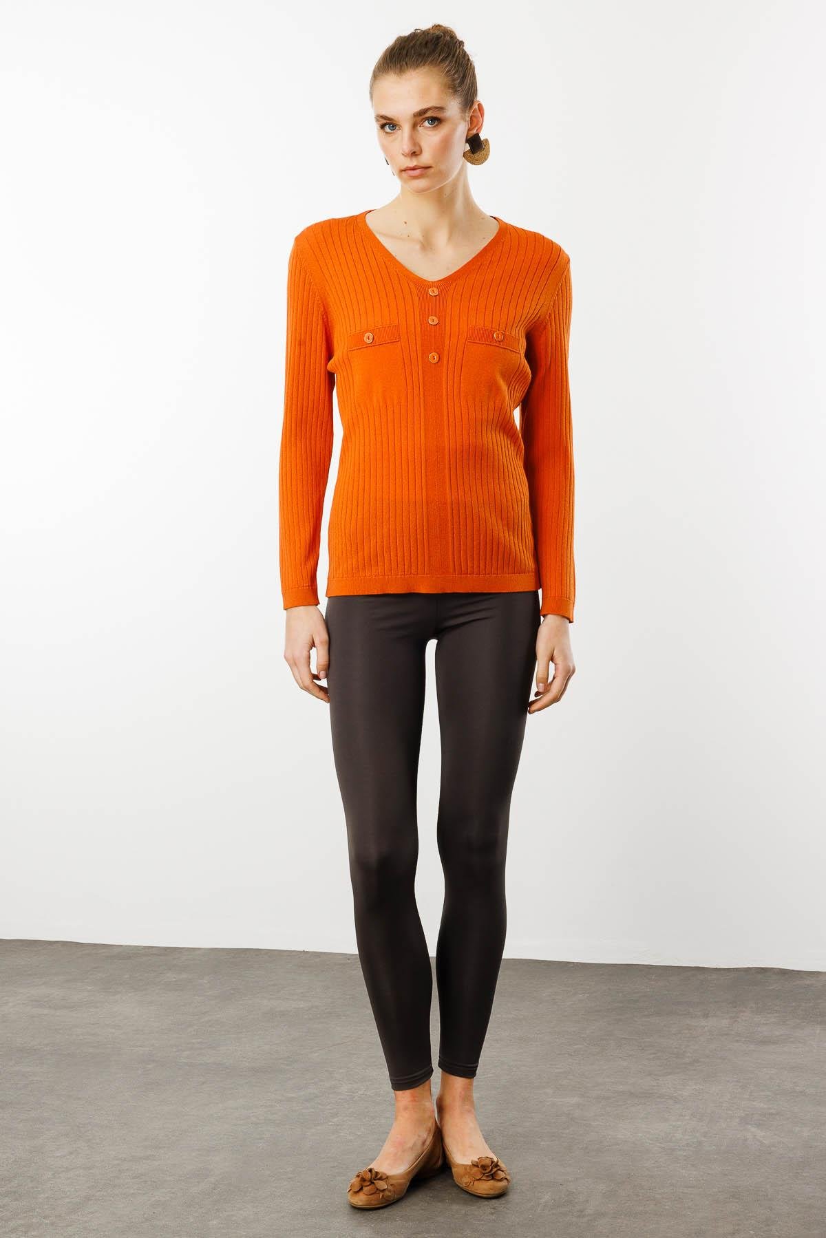 25353Kadın V Yaka Fitilli Bluz Oranj