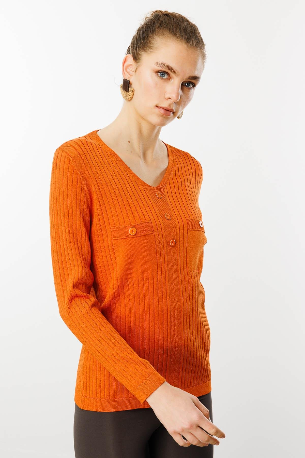 25353Kadın V Yaka Fitilli Bluz Oranj