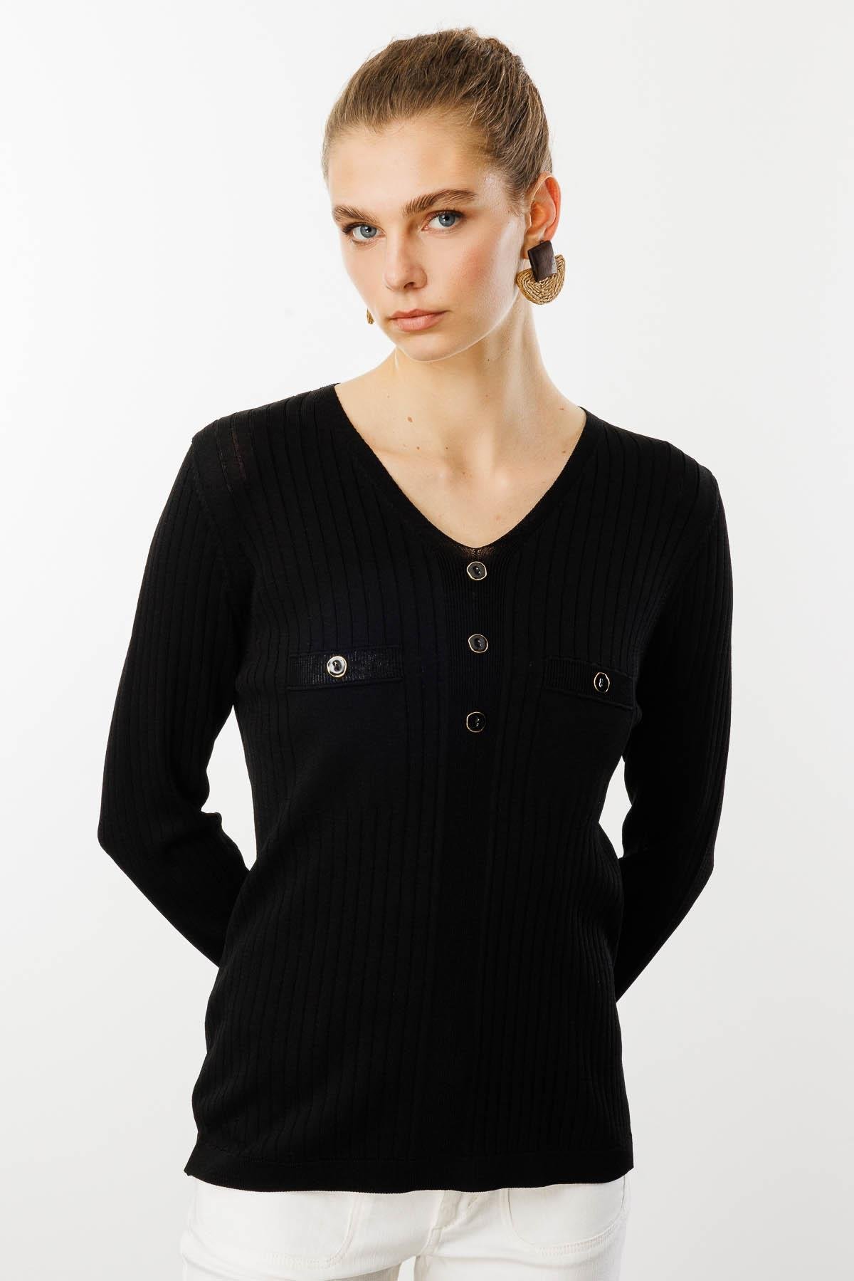 25353Kadın V Yaka Fitilli Triko Bluz Siyah