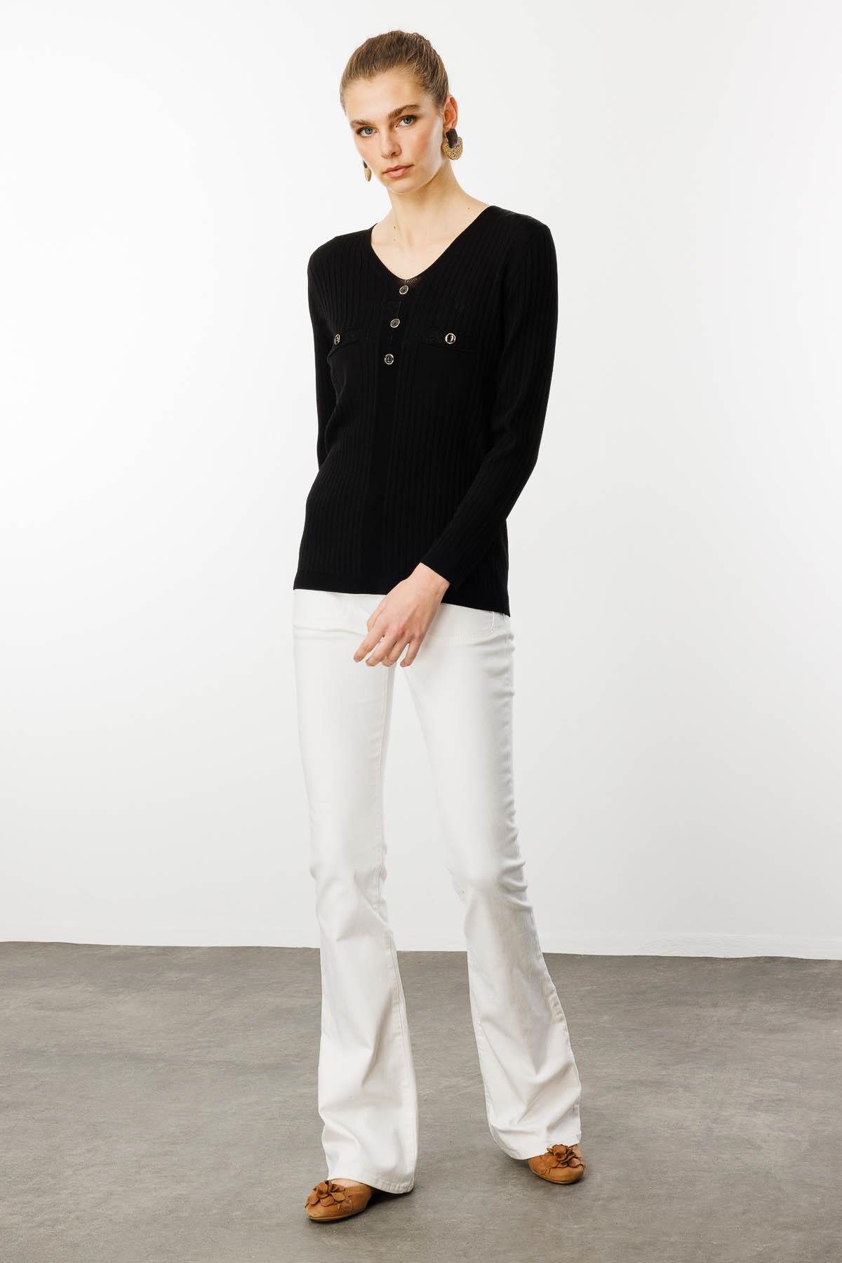 25353Kadın V Yaka Fitilli Triko Bluz Siyah