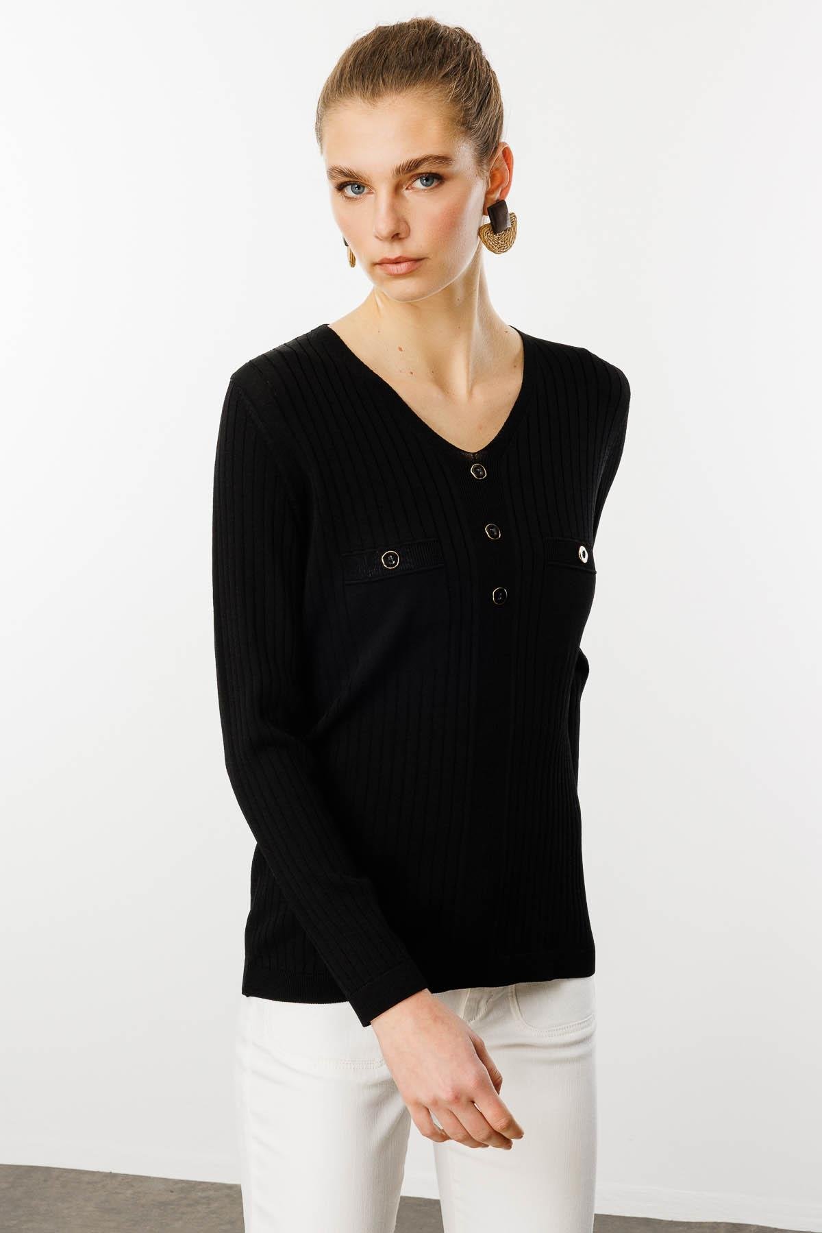 25353Kadın V Yaka Fitilli Triko Bluz Siyah